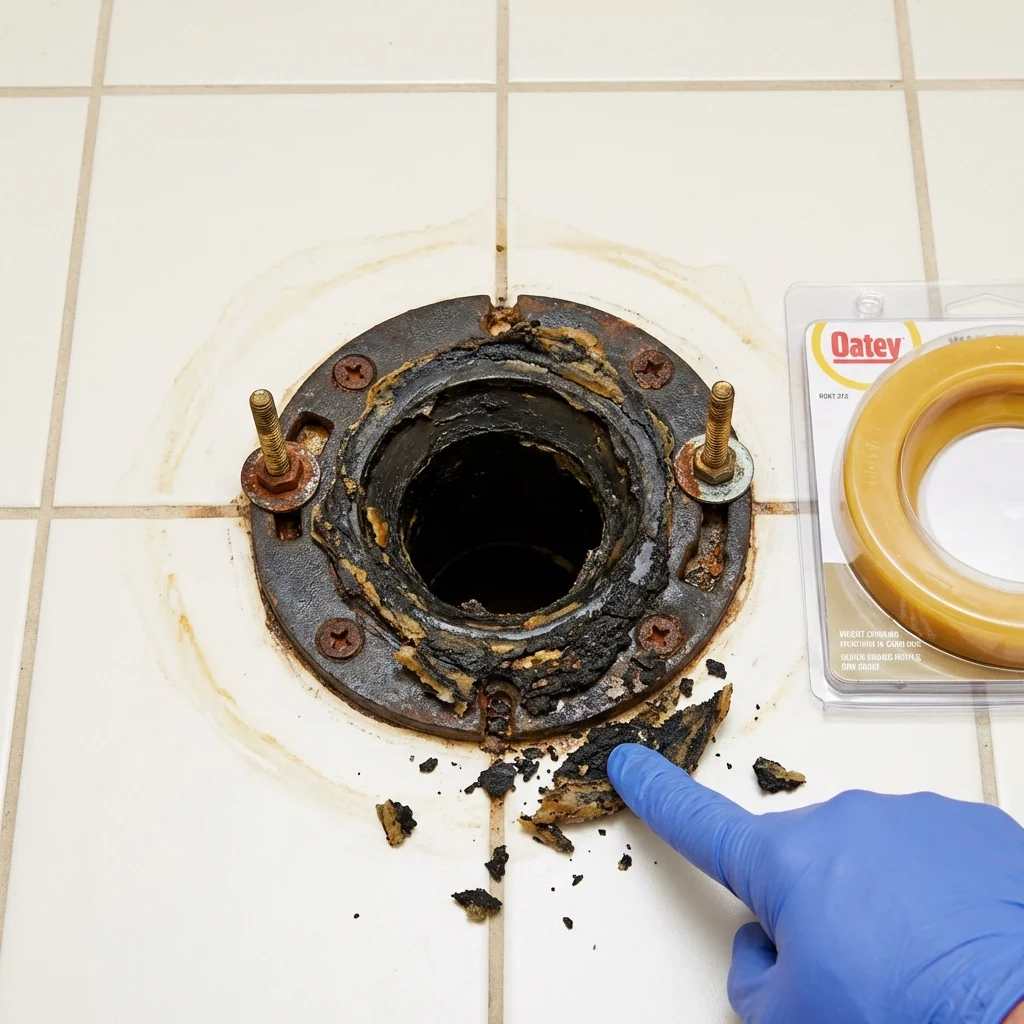Failed wax ring showing water seepage at the base of a toilet in a Ephrata, PA home