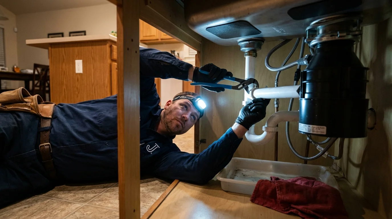 P-trap and supply line connections under a kitchen sink showing a common leak point in Ephrata, PA